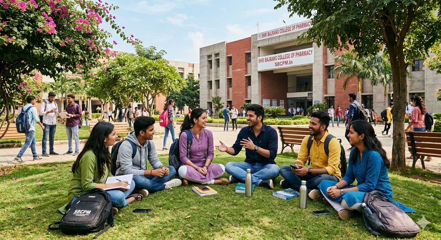 socialize Students exploring the Shyam Balaji Pharmacy College Campus in Mahasamund